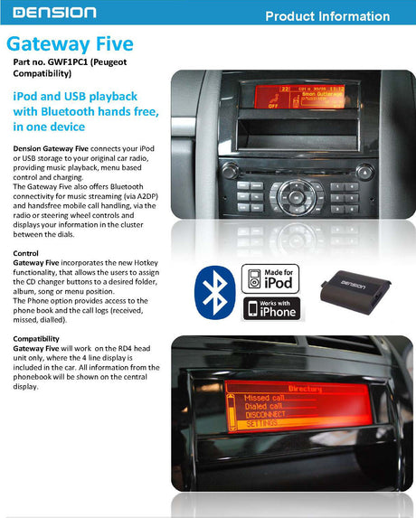 Dension Gateway FIVE for Peugeot iPod, USB Playback with Bluetooth