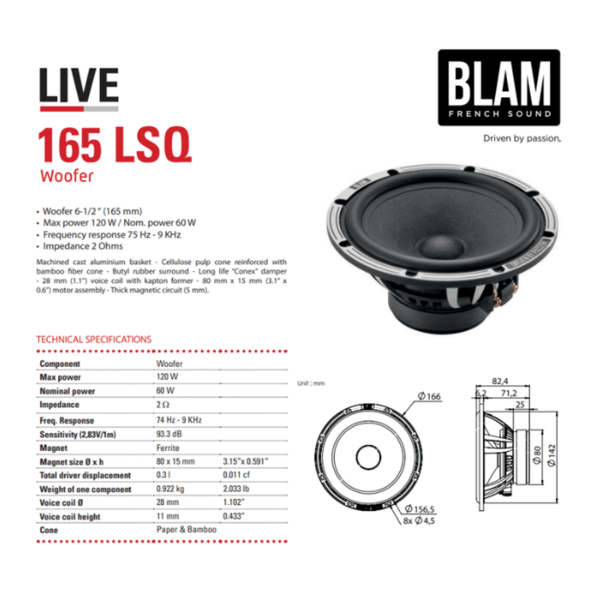 BLAM Car Speakers BLAM LIVE BL-L165-LSQ ORIGINAL 165mm (6.5") Hi-Efficiency 2-Way Component Speaker System