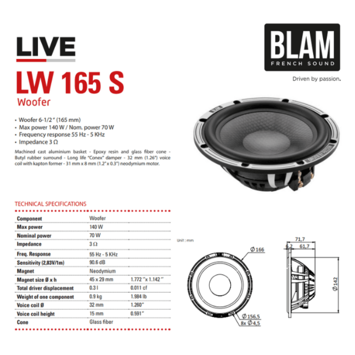 BLAM Car Speakers BLAM LIVE BL-L165-SLIM SOLO 165mm (6.5") 140W ULTRA-SLIM 2-Way Component Speakers