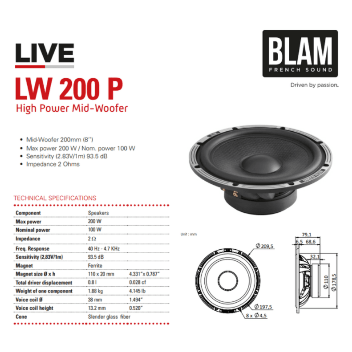 BLAM Car Speakers BLAM LIVE BL-L200-P POWER 200mm (8") 200W High-Performance 2-Way Component Speaker System
