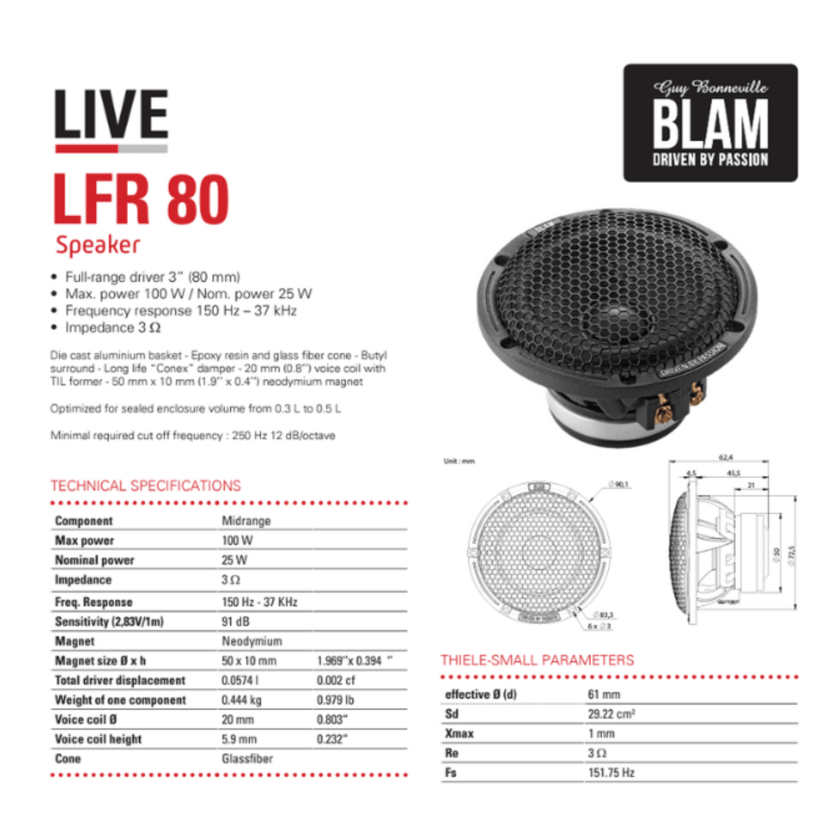BLAM Car Speakers BLAM LIVE BL-LFR80 80mm (3") High End 100w Full-Range Car Audio Speakers (PAIR)