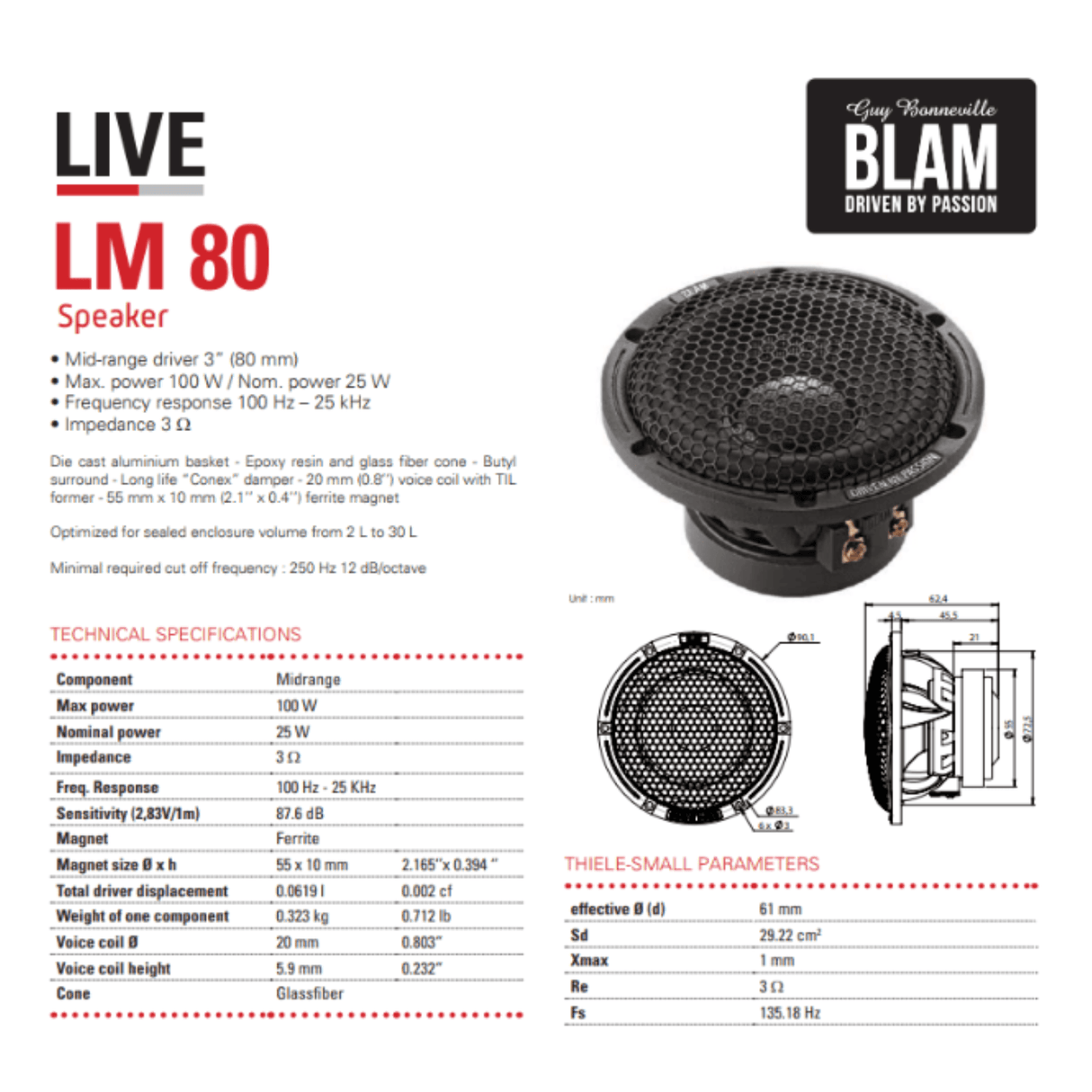 BLAM Car Speakers BLAM LIVE BL-LM80 80mm (3") High End 100W Mid-Range Car Audio Speakers (PAIR)