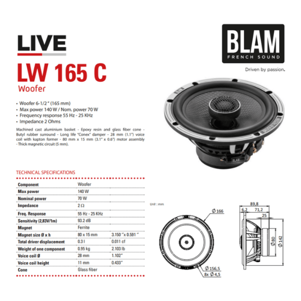 BLAM Car Speakers BLAM LIVE L165C - ACOUSTIC BL-L165-C 6.5" 140W High-Fidelity 2-Way Coaxial Speaker System