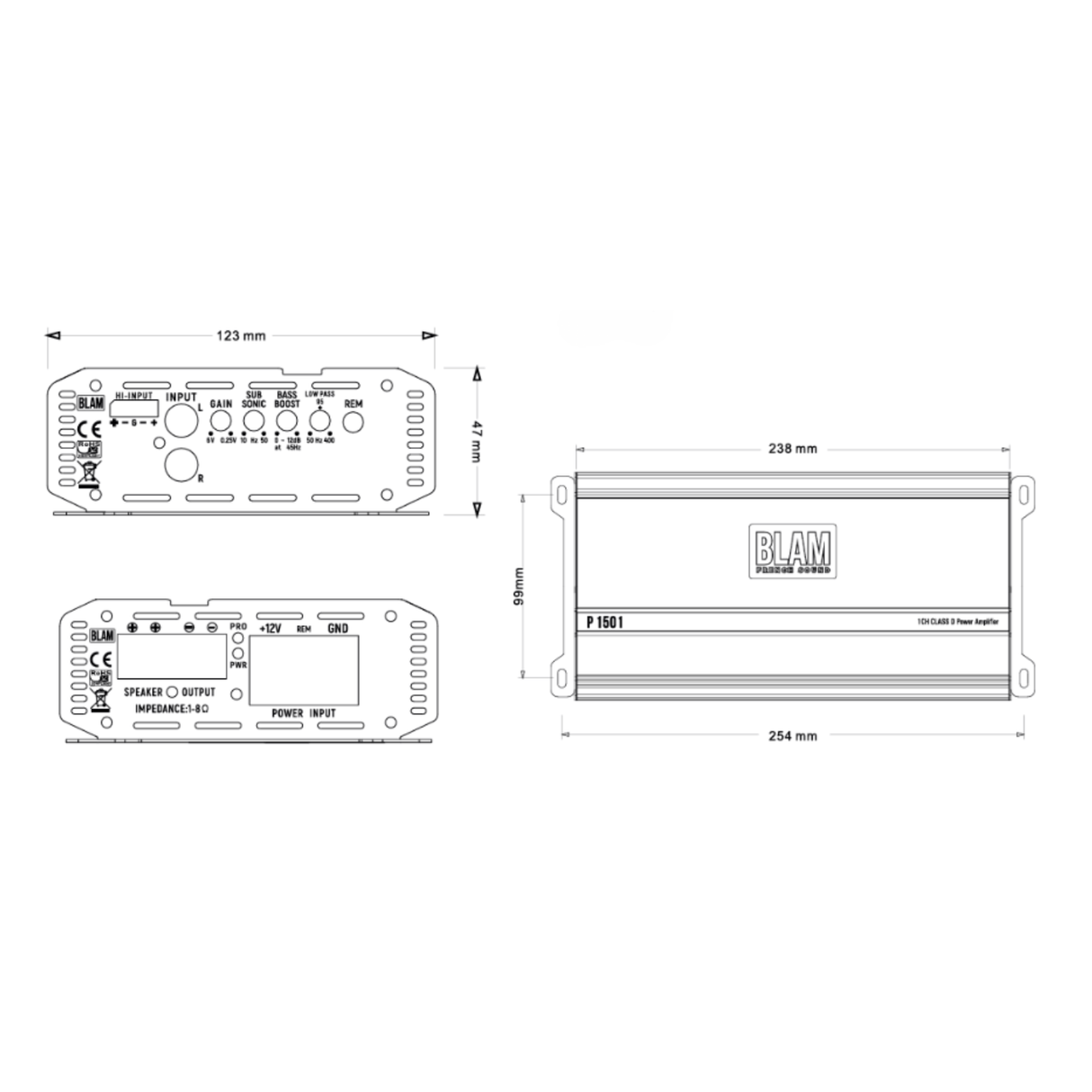BLAM Monoblock Amp (For Subwoofers) BLAM Power BL-P1501 Monoblock Class D Subwoofer Amplifier 1500W RMS