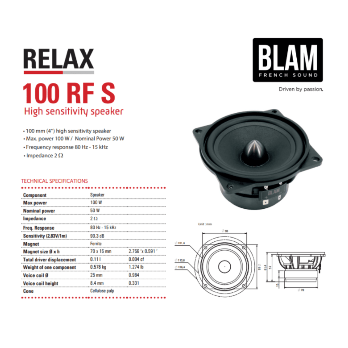 BLAM Car Speakers BLAM RELAX BL-100RFS 100mm (4inch) Hi-efficiency 2ohm, 2-Way Component Car Audio Speakers (PAIR)