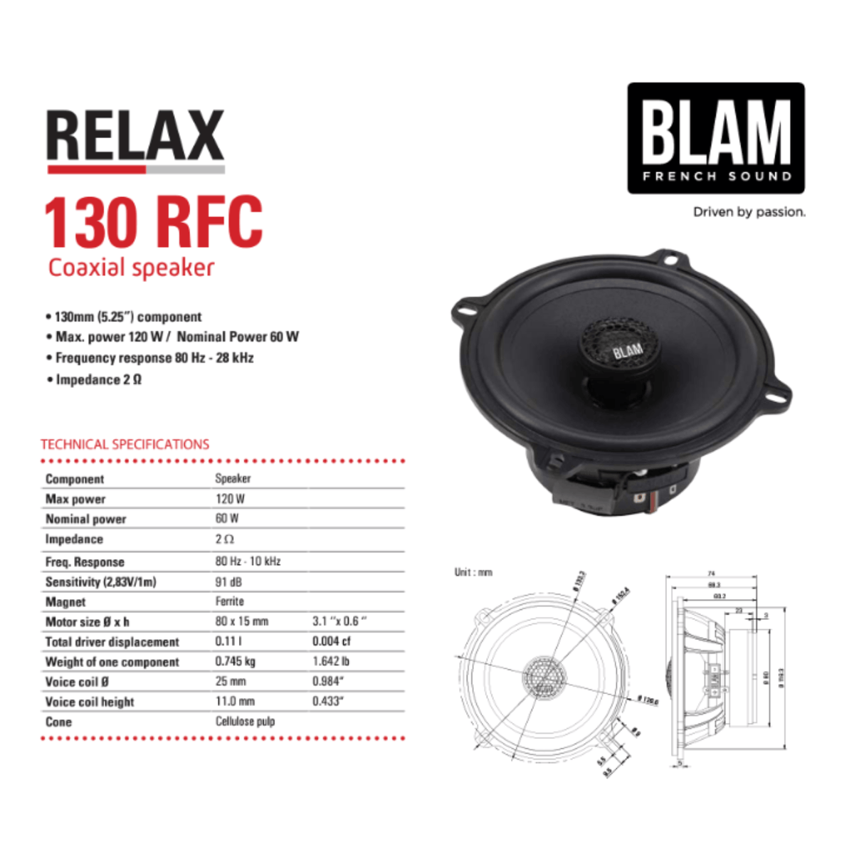 BLAM Car Speakers BLAM RELAX BL-130RFC 5.25" 2ohm 2-Way Coaxial Car Audio Speakers (PAIR)