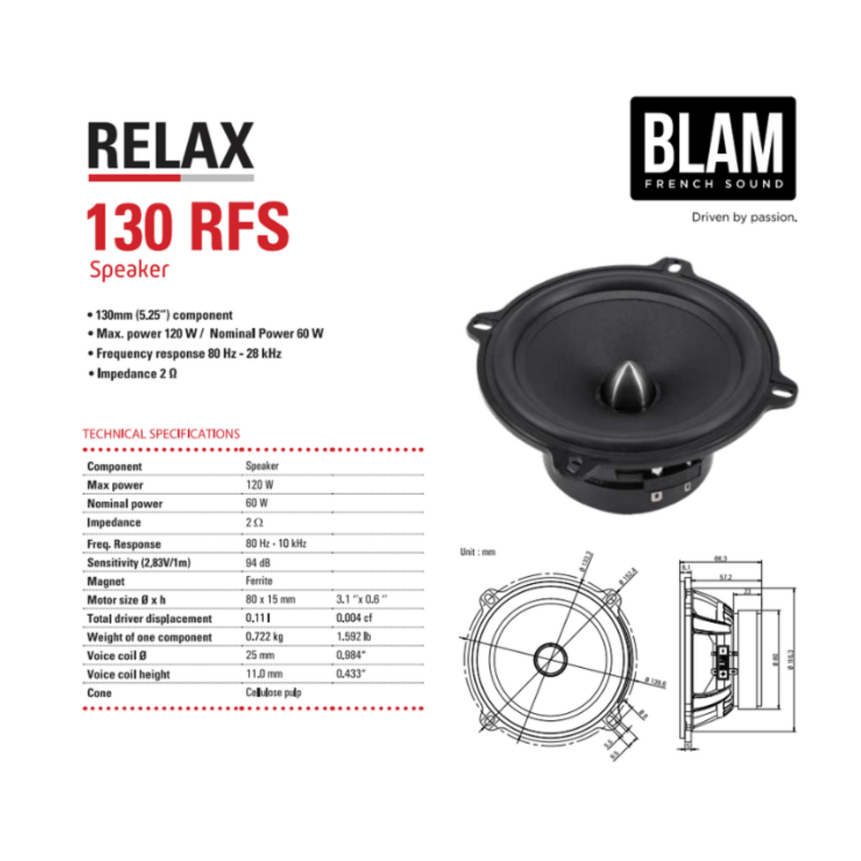 BLAM Car Speakers BLAM RELAX BL-130RFS 130mm (5.25") Hi-efficiency 2ohm 2-Way Component Car Audio Speakers (PAIR)