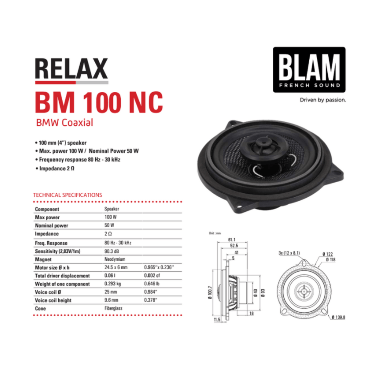 BLAM Car Speakers BLAM RELAX BL-BM100NC BMW and Mini 4" 2ohm 2-Way Coaxial Car Audio Speakers (PAIR)