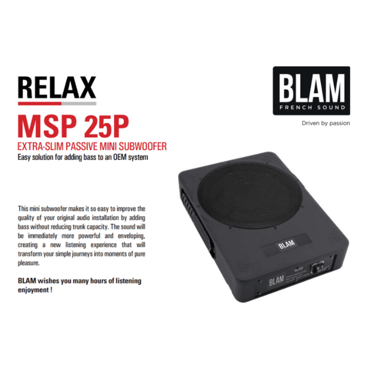 BLAM Underseat Car Subwoofers BLAM RELAX BL-MSP25P MSP 25P Extra-Slim Passive Underseat Car Subwoofer