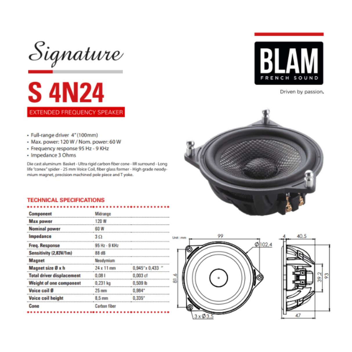 BLAM Car Speakers BLAM SIGNATURE BL-100-S24-A Active 100mm (4") 3ohm 120W 2-Way Car Speaker System