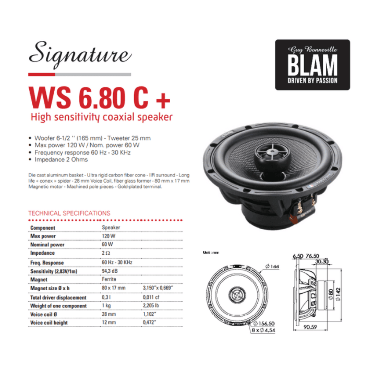 BLAM Car Speakers BLAM SIGNATURE S BL-S165.80C 6.5" 120W High-Sensitivity Car Audio Coaxial Speakers