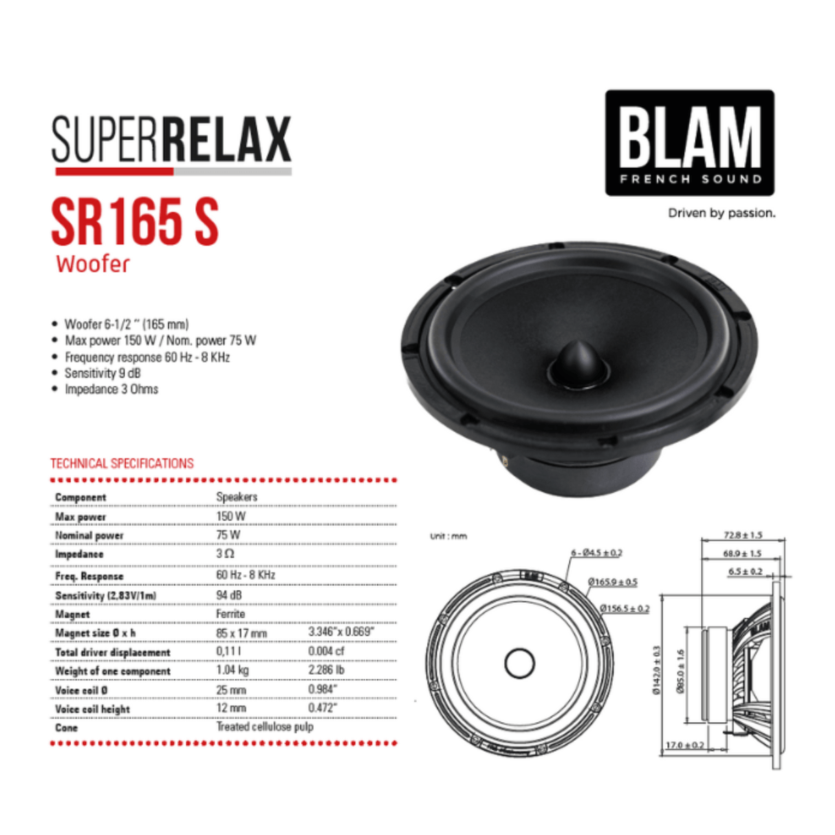 BLAM Car Speakers BLAM Super Relax SR165S 16.5cm/ 165mm (6.5") Hi Sensitivity 3ohm 2-Way Component car speakers
