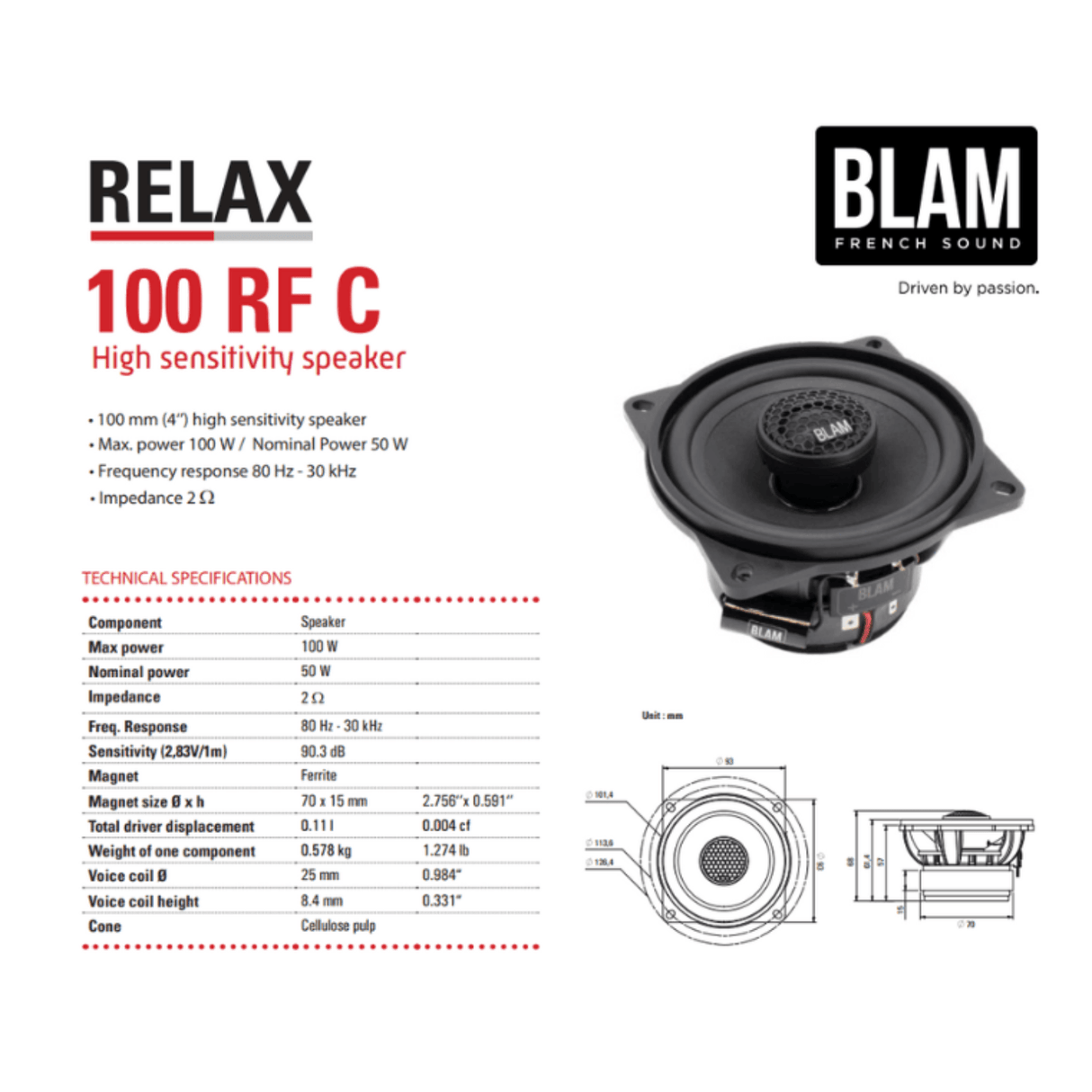 Car Audio Centre Car Speakers BLAM RELAX BL-100RFC 4" 2ohm 2-Way Coaxial Car Audio Speakers (PAIR)