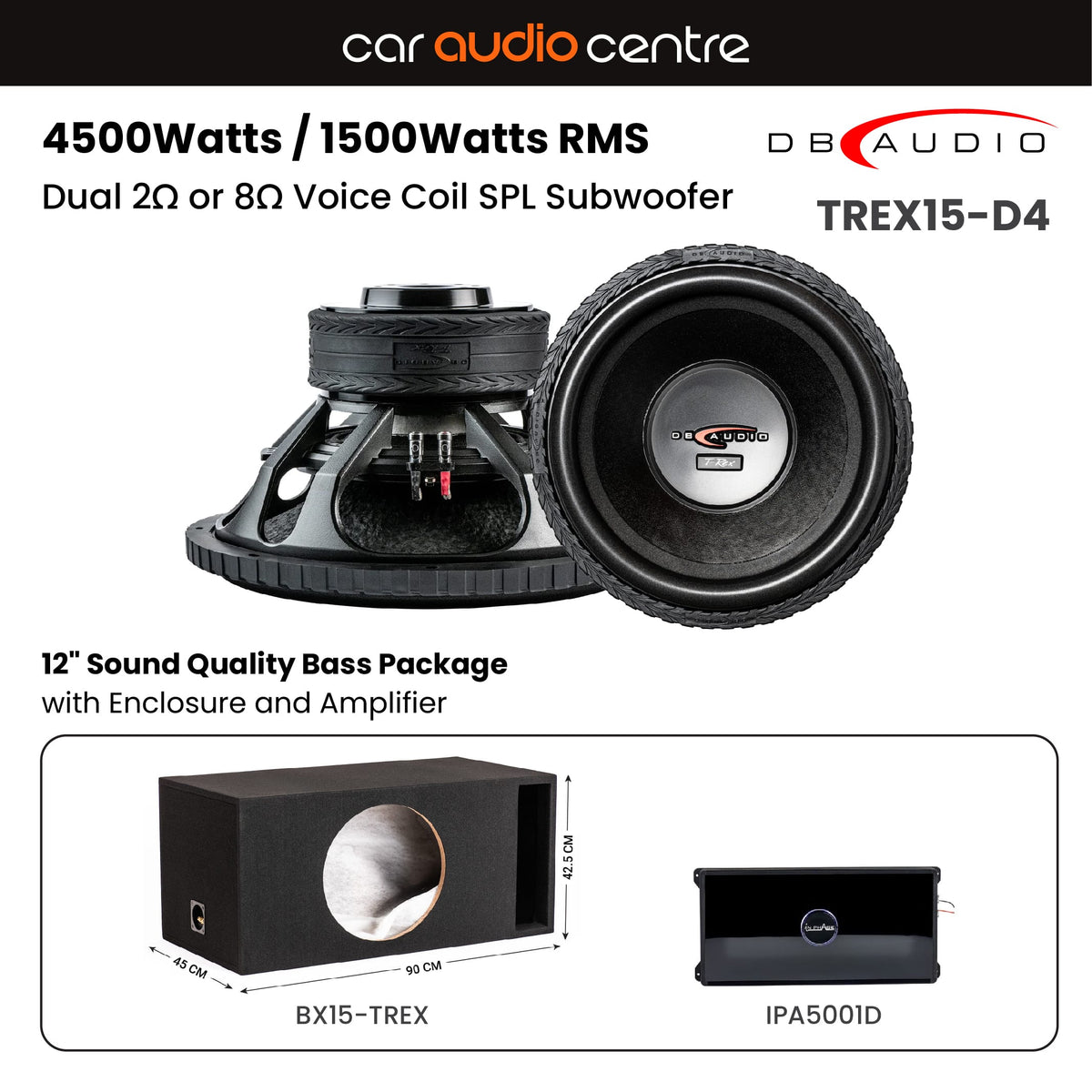 DB Audio Sub and Amp Packages DB Audio Single TREX15-D4 15" Subwoofer Performance Bass Package with Enclosure and Amp
