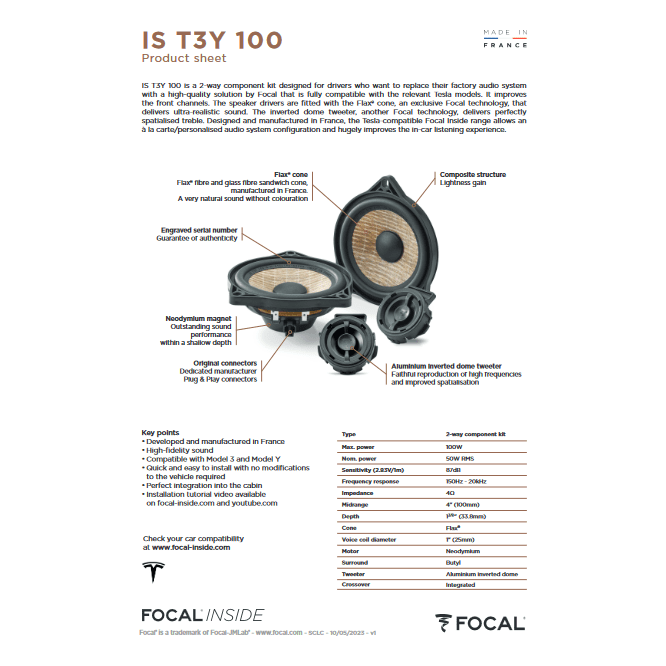 Focal Car Speakers Focal  IST3Y100 2-Way Component Speaker Upgrade Kit for Tesla Model 3 and Model Y