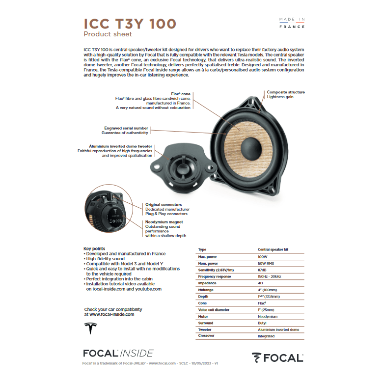 Focal Car Speakers Focal ICCT3Y100 Centre Speaker Upgrade Kit for Tesla Model 3 and Model Y