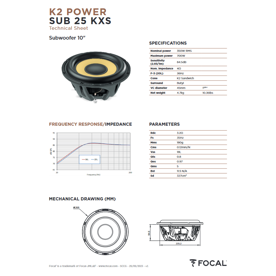 Focal Car Subwoofers Copy of Focal 25KXE ELITE K2 Power 10" Subwoofer 1200w