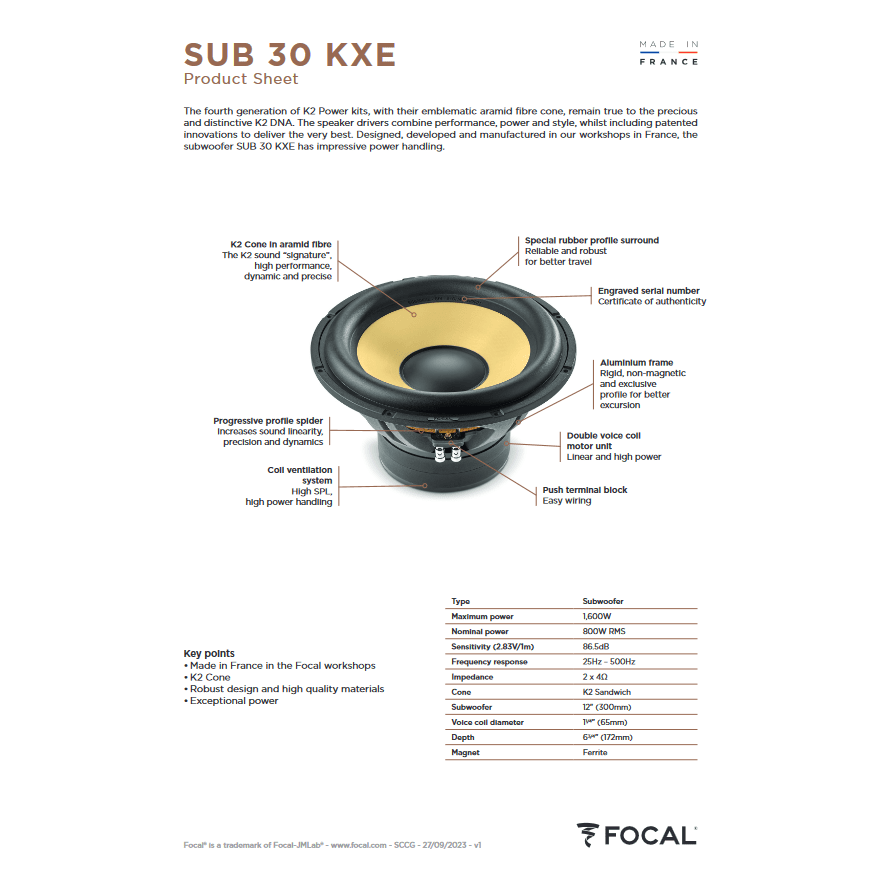 Focal Car Subwoofers Focal SUB30KX-EVO ELITE K2 Power 12" Subwoofer 1600w