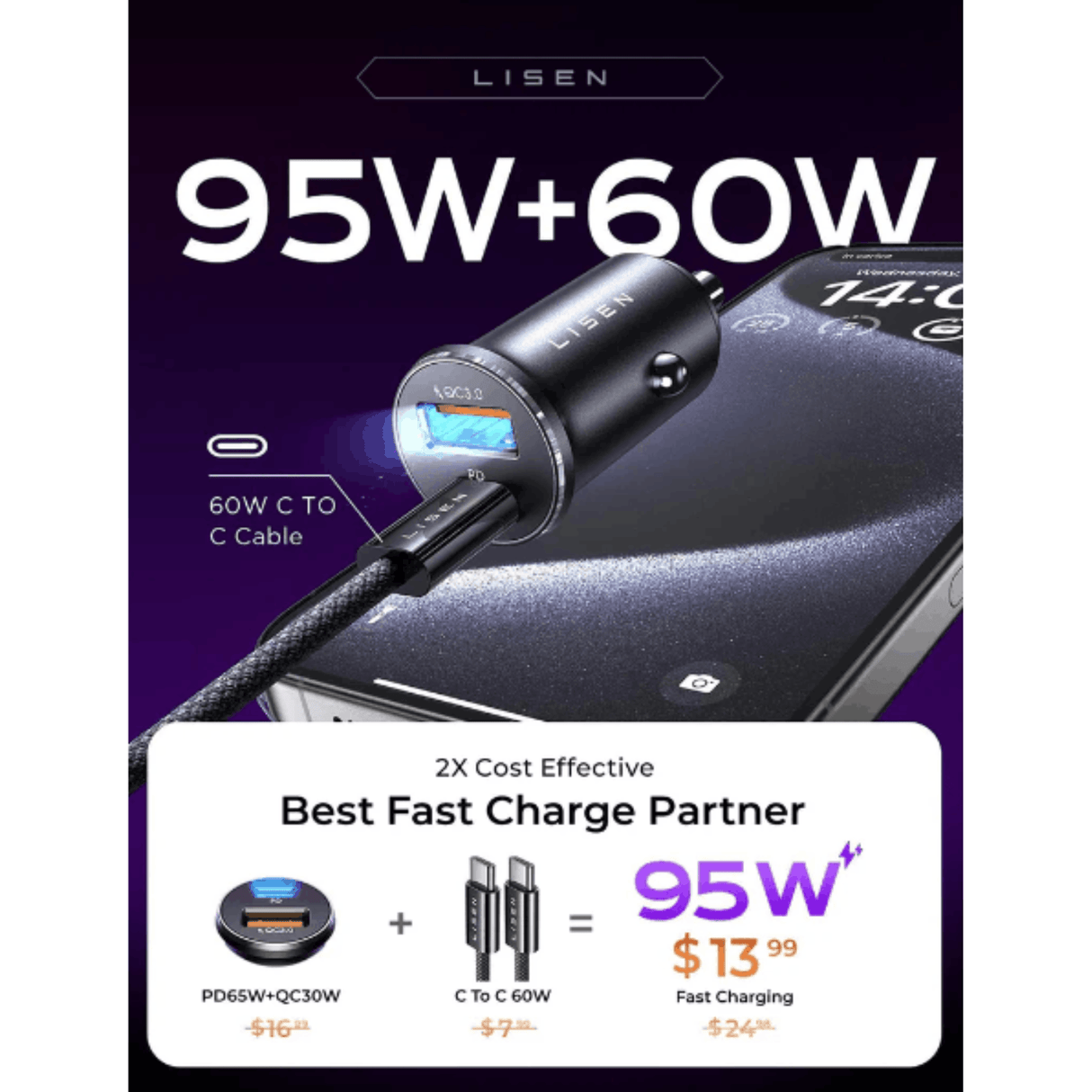In Car Tec USB-C Car Charger In Car Tec LISEN 95W USB-C Car Charger – 65W PD Fast Charging Dual Port Cigarette Lighter Adapter