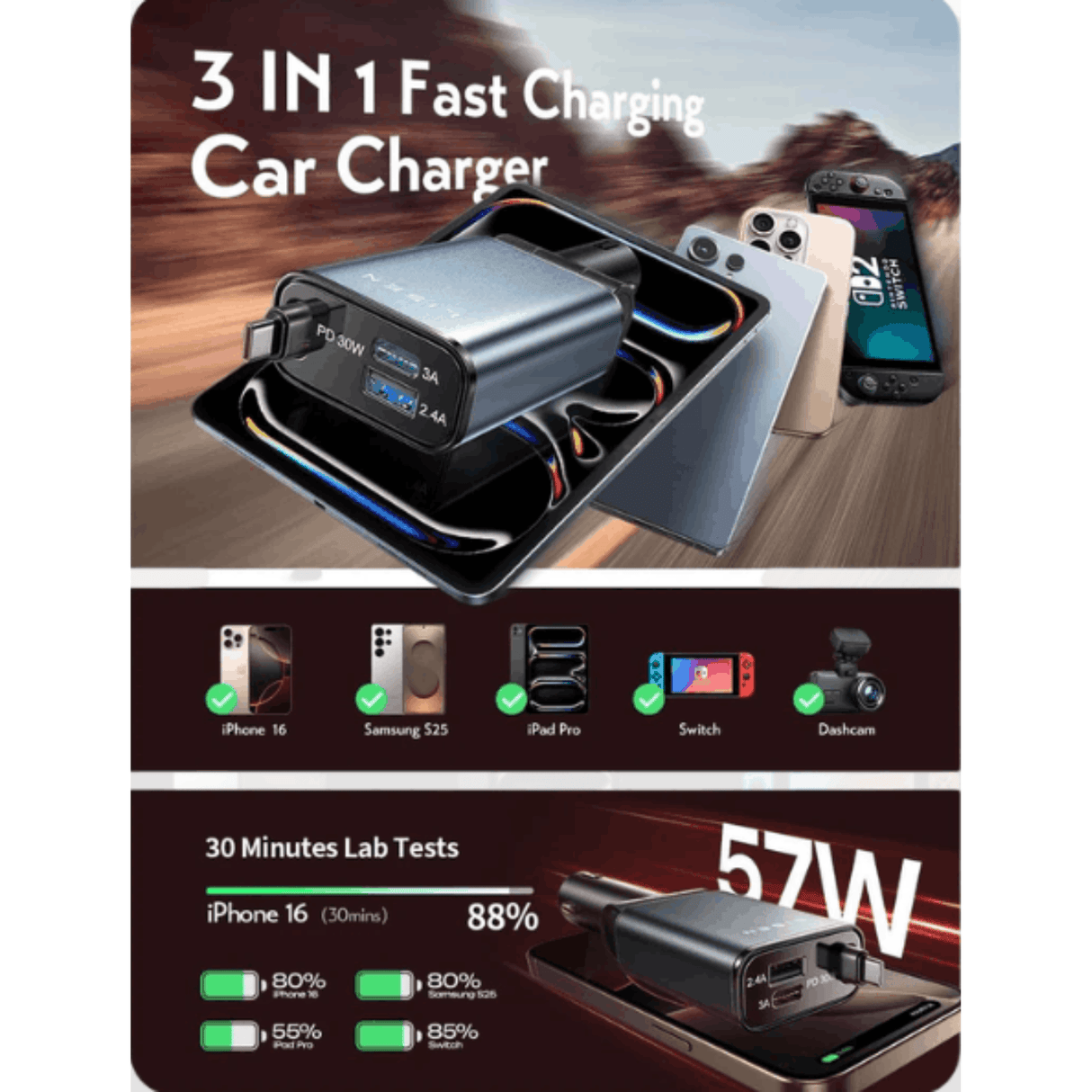 In Car Tec USB-C Car Charger In Car Tec LISEN Retractable USB-C Car Charger 57W – Fast PD Charger with Built-in Cable