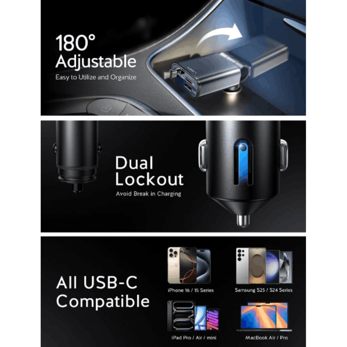 In Car Tec USB-C Car Charger In Car Tec LISEN Retractable USB-C Car Charger 57W – Fast PD Charger with Built-in Cable