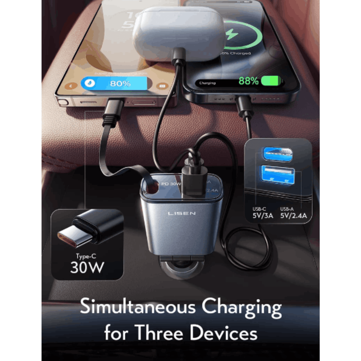 In Car Tec USB-C Car Charger In Car Tec LISEN Retractable USB-C Car Charger 57W – Fast PD Charger with Built-in Cable