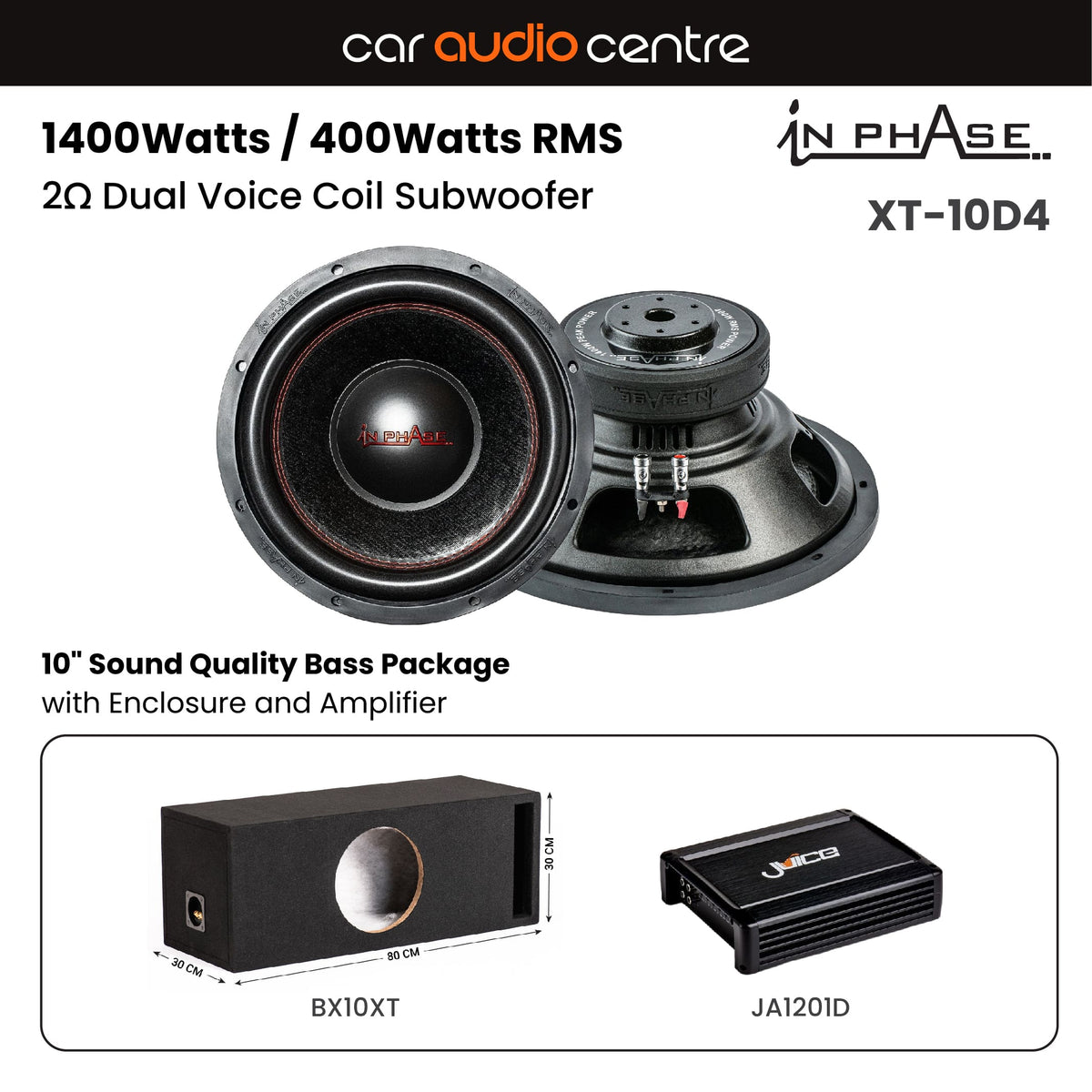 In Phase Sub and Amp Packages In Phase XT-10D4 10" Subwoofer Performance Bass Package with Enclosure and Amp