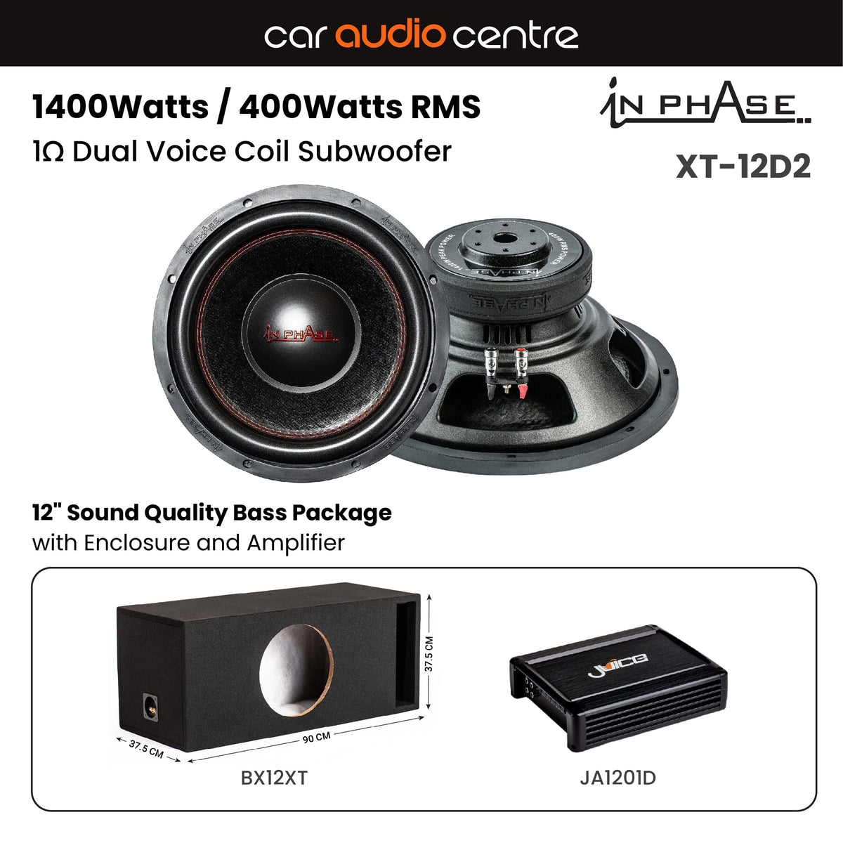 In Phase Sub and Amp Packages In Phase XT-12D2 12" Subwoofer Performance Bass Package with Enclosure and Amp