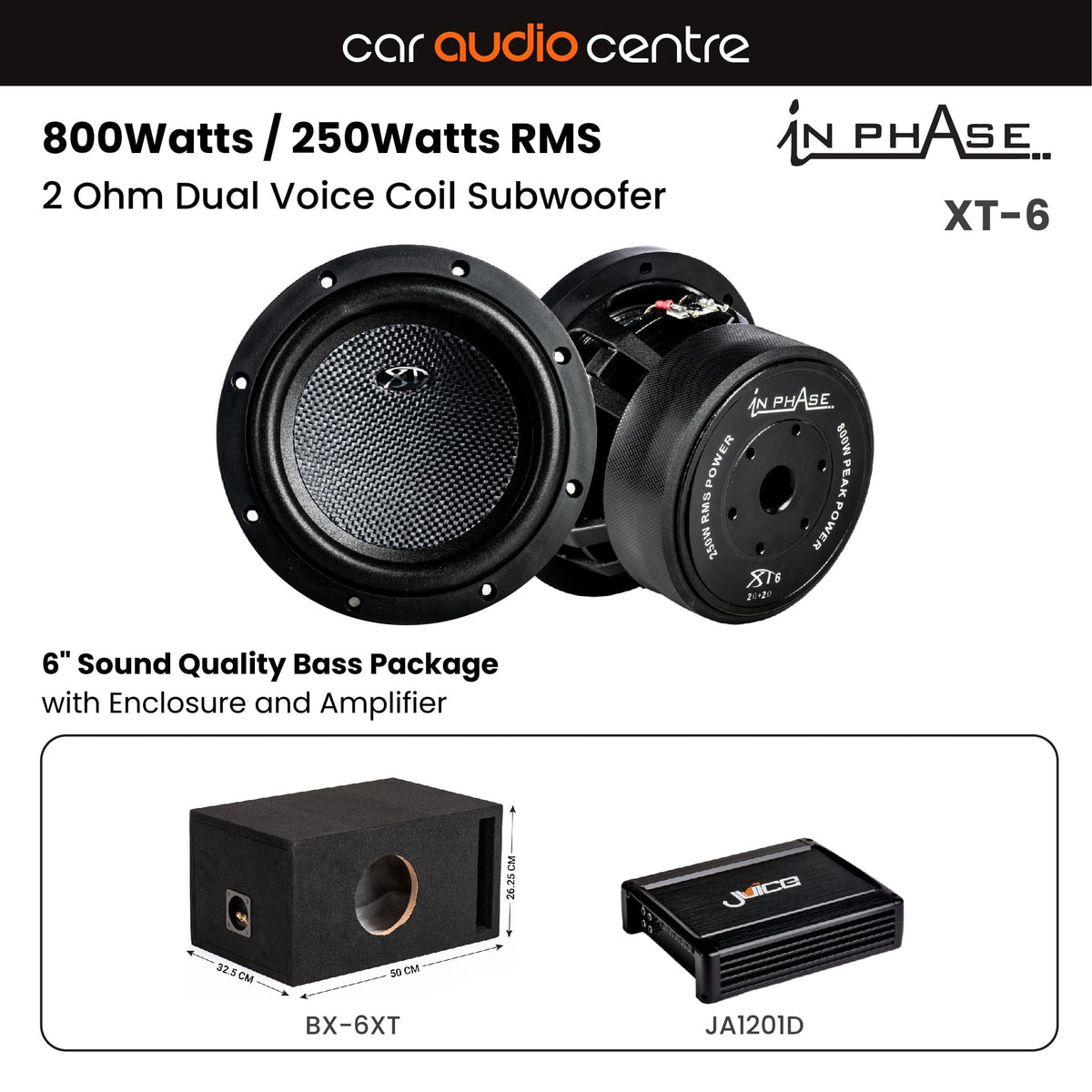 In Phase Sub and Amp Packages In Phase XT-6 6" Subwoofer Performance Bass Package with Enclosure and Amp