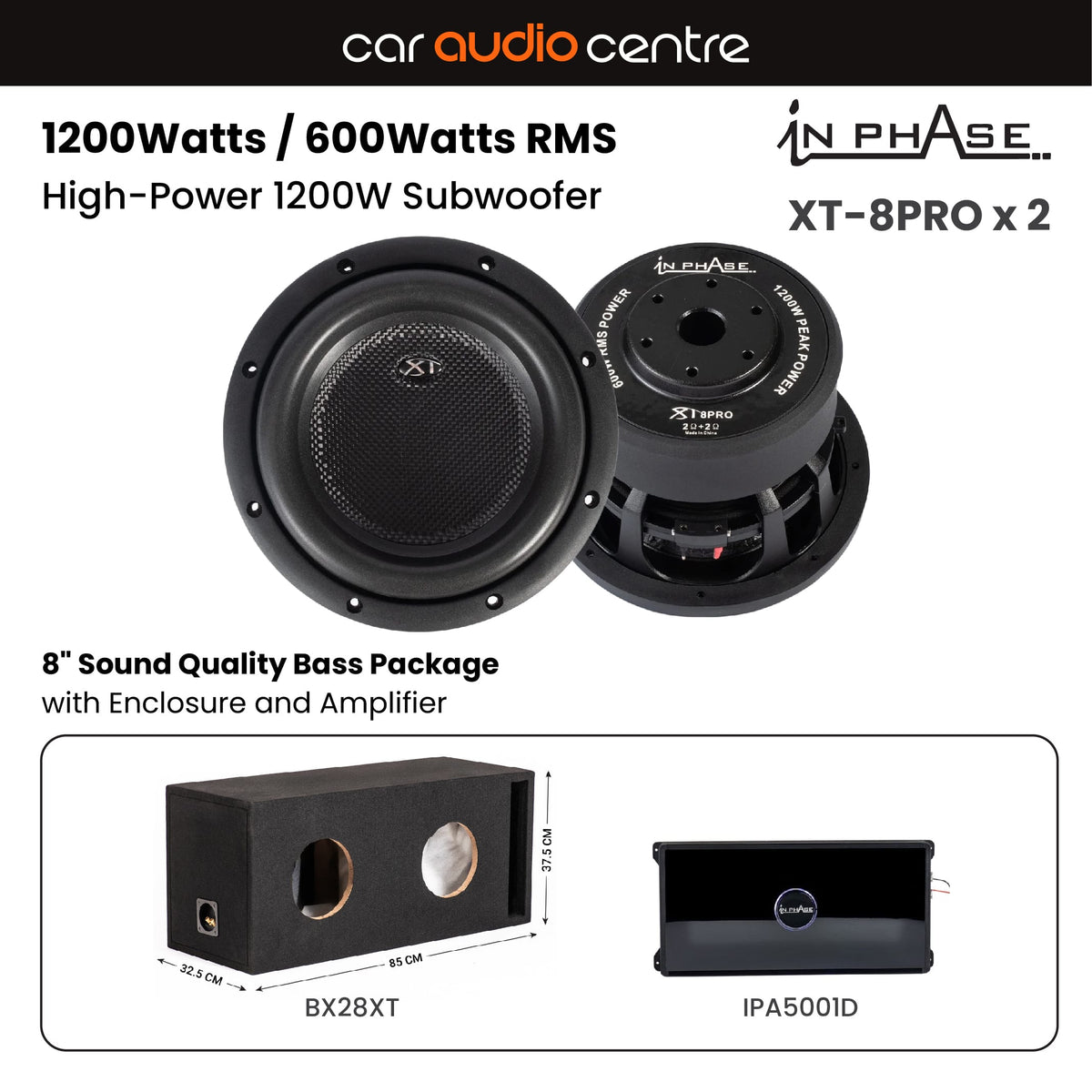 In Phase Sub and Amp Packages In Phase XT-8PRO x 2 8" Subwoofer Performance Bass Package with Enclosure and Amp