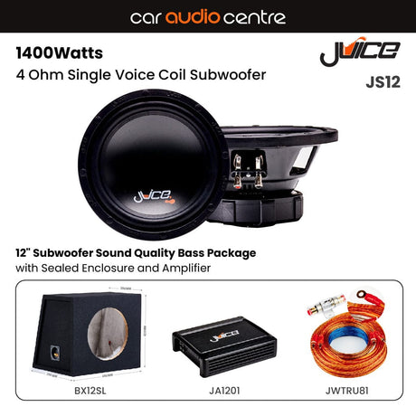 Juice Juice BX12SL-JS12-JA1201 Single JS12 12" Subwoofer Sound Quality Bass Package with Sealed Enclosure and Amp