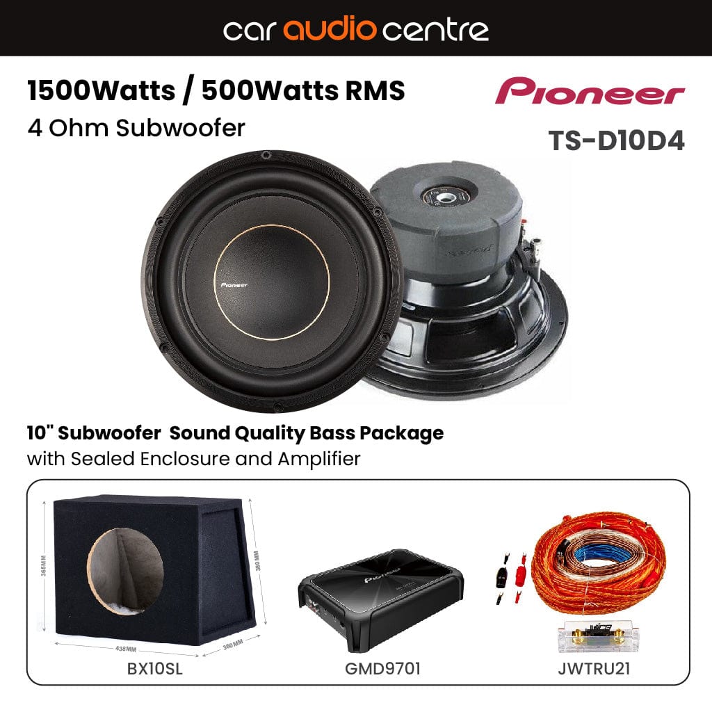 Pioneer Pioneer BX10SL-TSD10-GMD9701 Single TS-D10D4 10" Subwoofer Sound Quality Bass Package with Sealed Enclosure and Amp