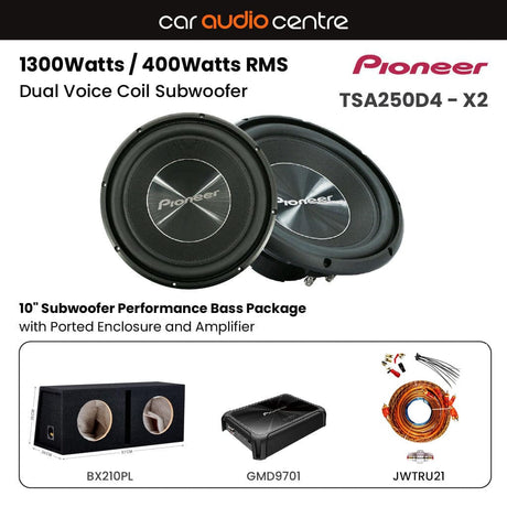 Pioneer Sub and Amp Packages Pioneer BX210P-TSA250-GMD9701 Double TS-A250D4 10" Subwoofer Performance Bass Package with Ported Enclosure and Amp