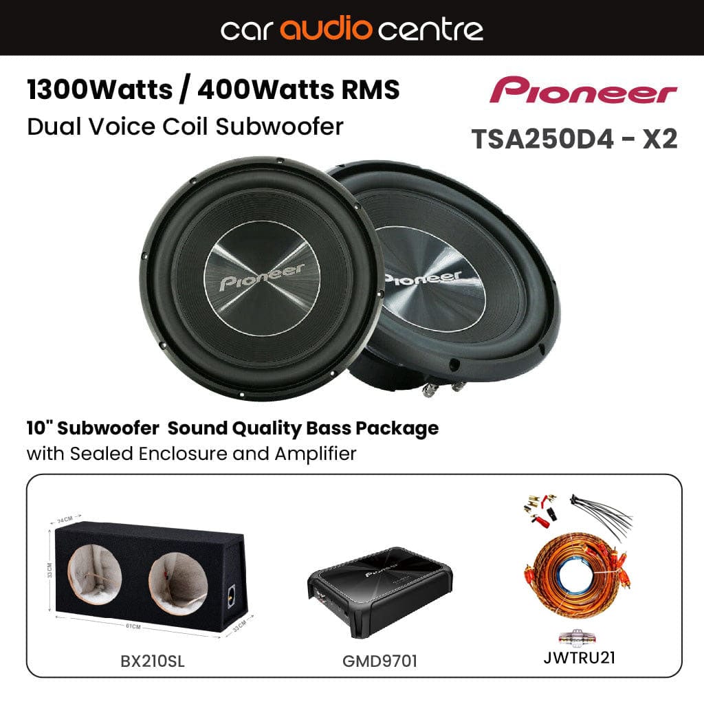 Pioneer Sub and Amp Packages Pioneer BX210S-TSA250-GMD9701 Double TS-A250D4 10" Subwoofer  Sound Quality Bass Package with Sealed Enclosure and Amp