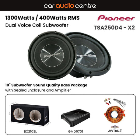 Pioneer Sub and Amp Packages Pioneer BX210S-TSA250-GMD9701 Double TS-A250D4 10" Subwoofer  Sound Quality Bass Package with Sealed Enclosure and Amp