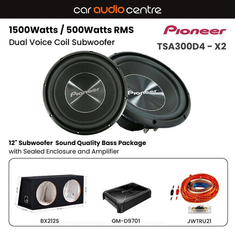 Pioneer Pioneer BX212SL-TSA300-GMD9701 Double TS-A300D4 12" Subwoofer  Sound Quality Bass Package with Sealed Enclosure and Amp