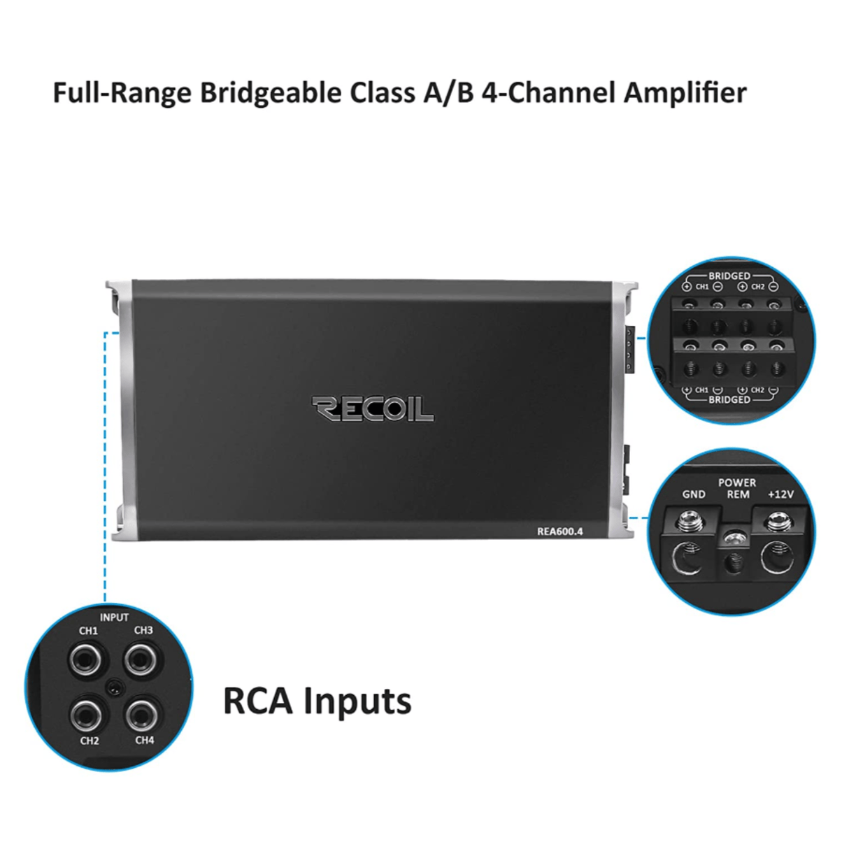 Recoil 4 Channel Amp RECOIL AMP-REC-600.4 4x130W Class AB, 4 Channel, Full Range Amplifier