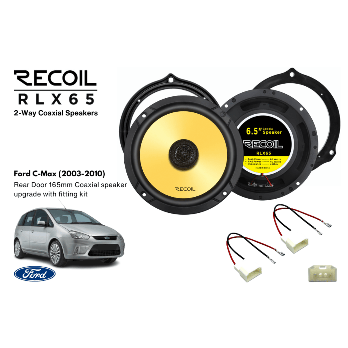 Recoil Car Specific Upgrades Recoil SFK-FOR4-RCX65 RLX65 6.5"Rear Door Coaxial Speaker Upgrade Kit For Ford C-Max