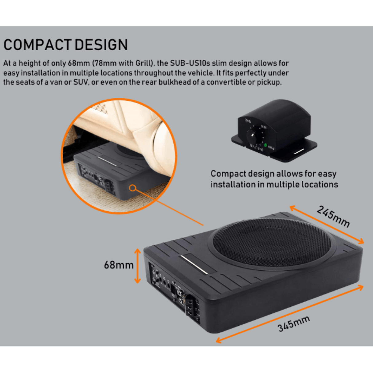 Recoil Underseat Car Subwoofers RECOIL SUB-US10 10" (250mm) 300W Slim Amplified Underseat Subwoofer