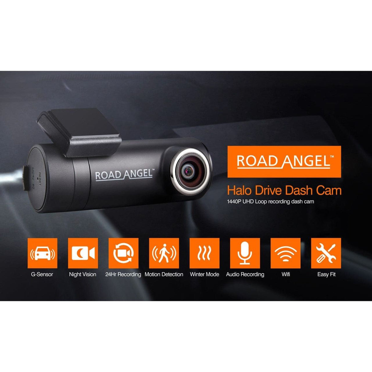 Road Angel Road Safety Halo Drive Dash Cam, 2K 1440p 140° Camera, with Super Night View, Built-In Wi-Fi, Winter Mode