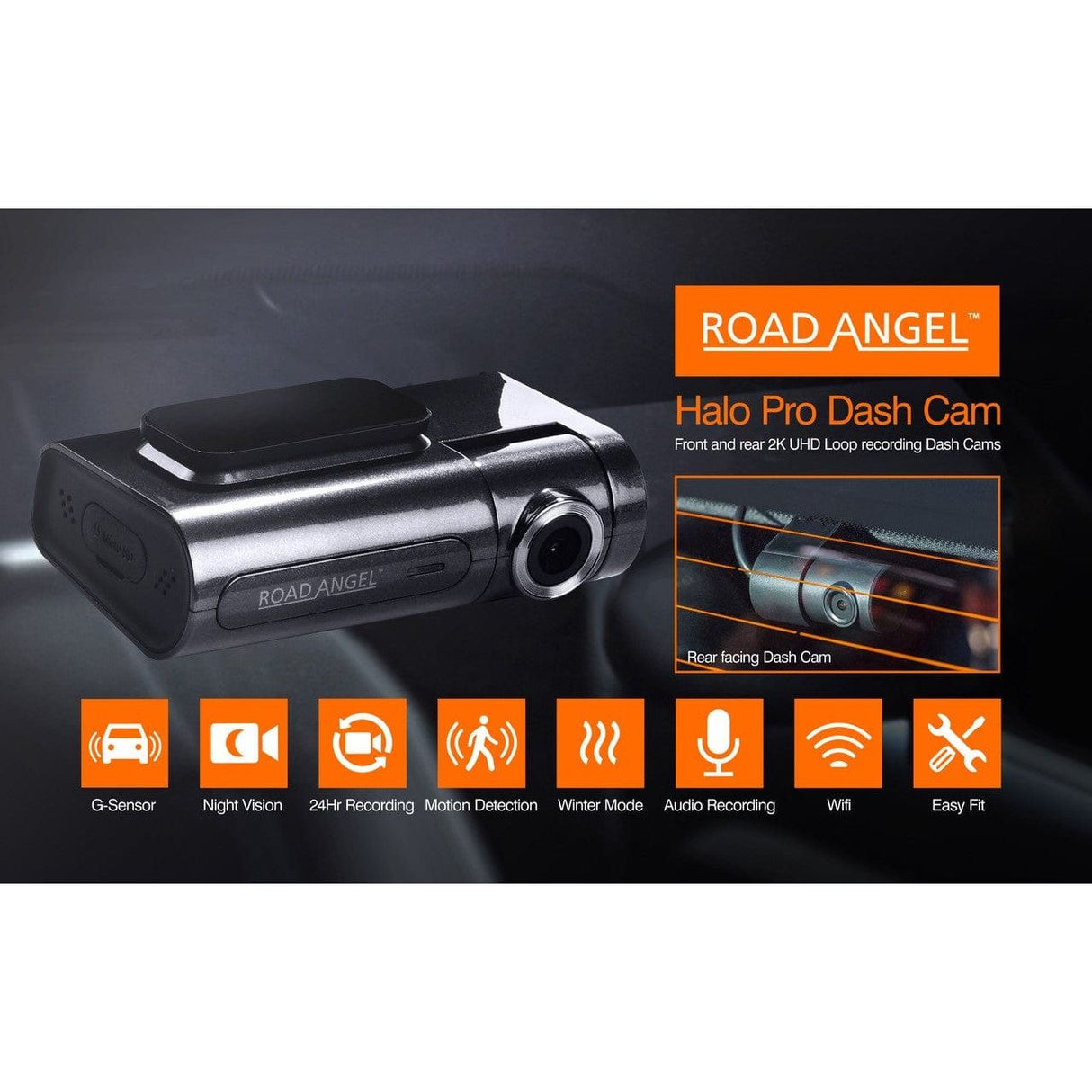 Road Angel Road Safety Road Angel Halo Pro 2K 1440p Dual Dash-Camera, with 140° Front + 120° 1080p Rear Cams, Super Night Vision, Built-in Wi-Fi, Winter Mode with Fitting Kit