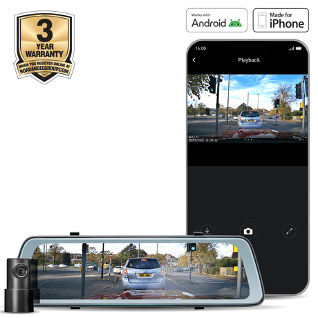 Road Angel Road Safety Road Angel Halo View, 2K 1440 p Dual Mirror Dash-Camera, 1080 p Reversing Cam, 10" Touch Screen, Dual Video Recording, Night Vision, built-in Wi-Fi, Real Parking Mode, Black