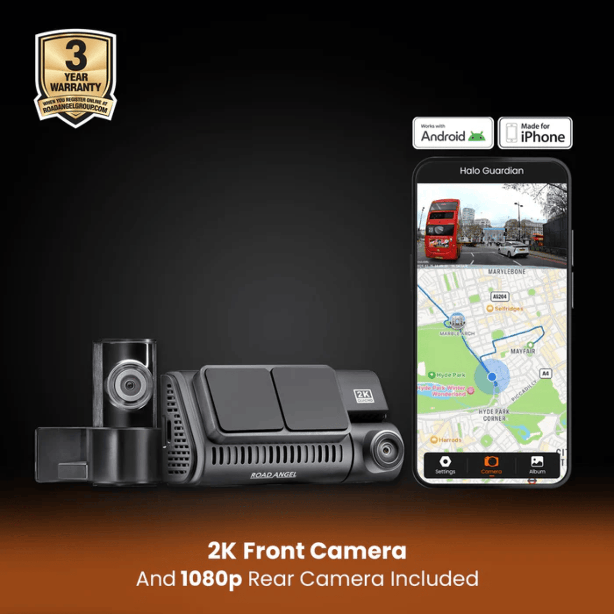 Road Angel Dash Cams Halo Guardian 2K+ Dual Dash Cam with 3.2" Screen, Parking Mode & Quick Release Mounting