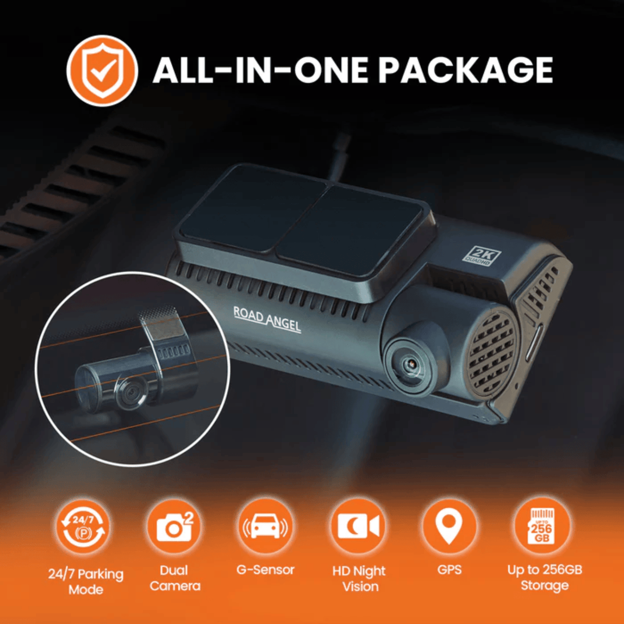 Road Angel Dash Cams Halo Guardian 2K+ Dual Dash Cam with 3.2" Screen, Parking Mode & Quick Release Mounting