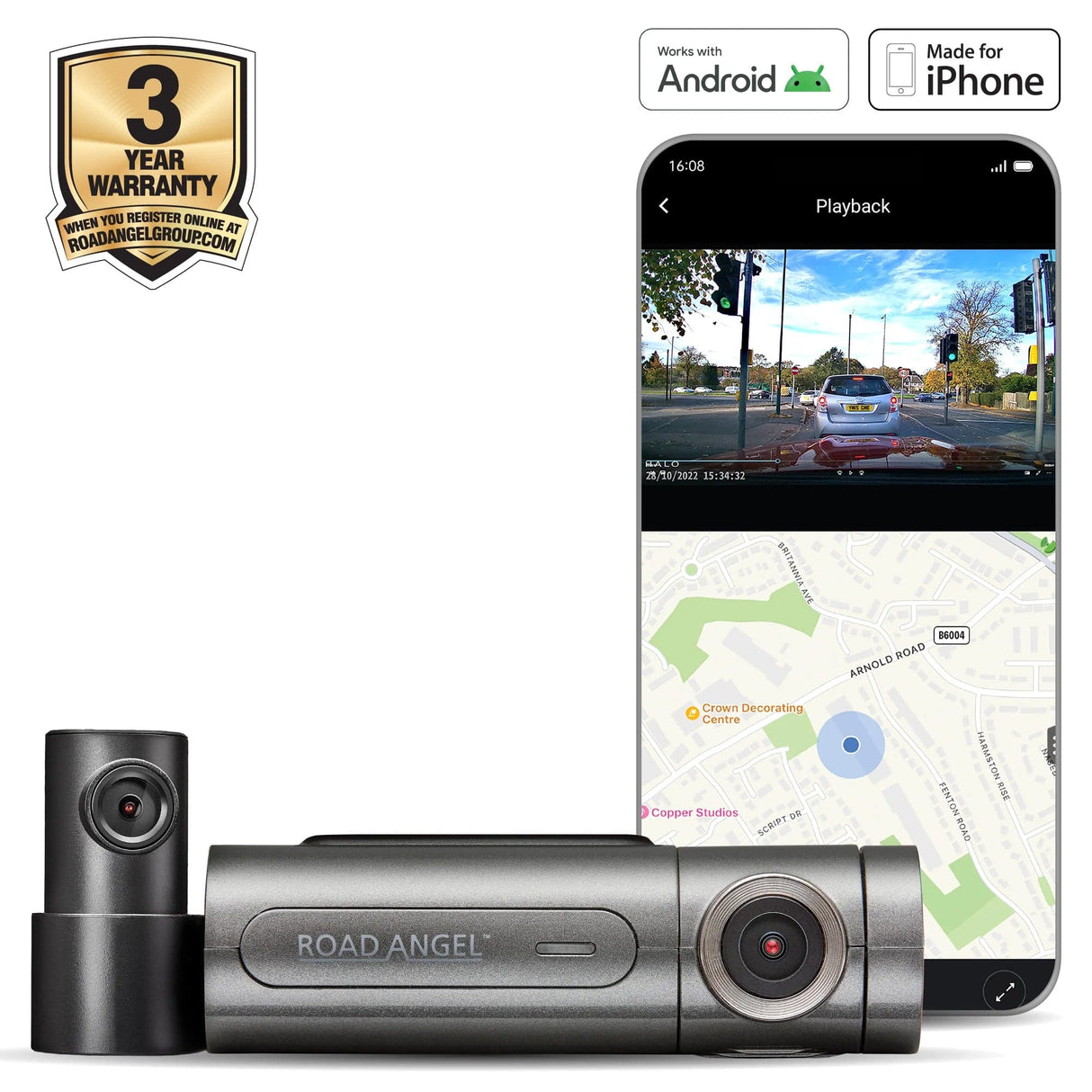 Road Angel Halo Pro 2K Front and 1K Rear Dash Cam with Dual