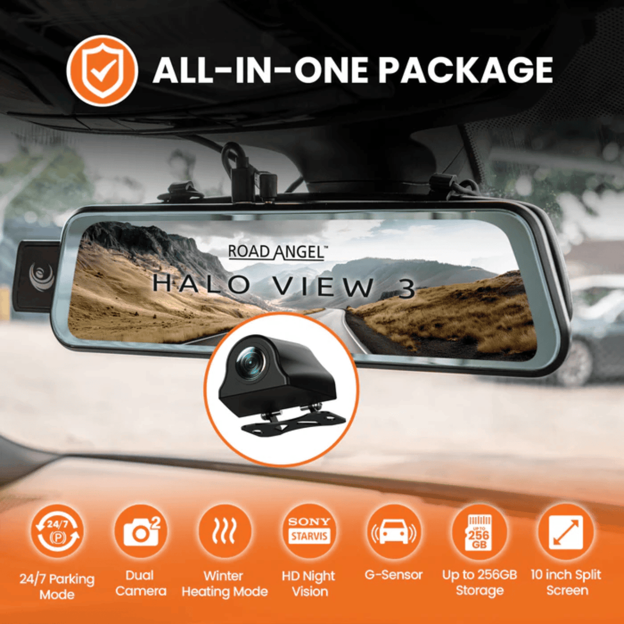 Road Angel Dash Cams Road Angel Halo View 3 4K – 2160p & 1080p Front & Rear Anti-Glare Mirror Dash Cam with integrated 10 inch LCD touchscreen & Reverse Parking Aid